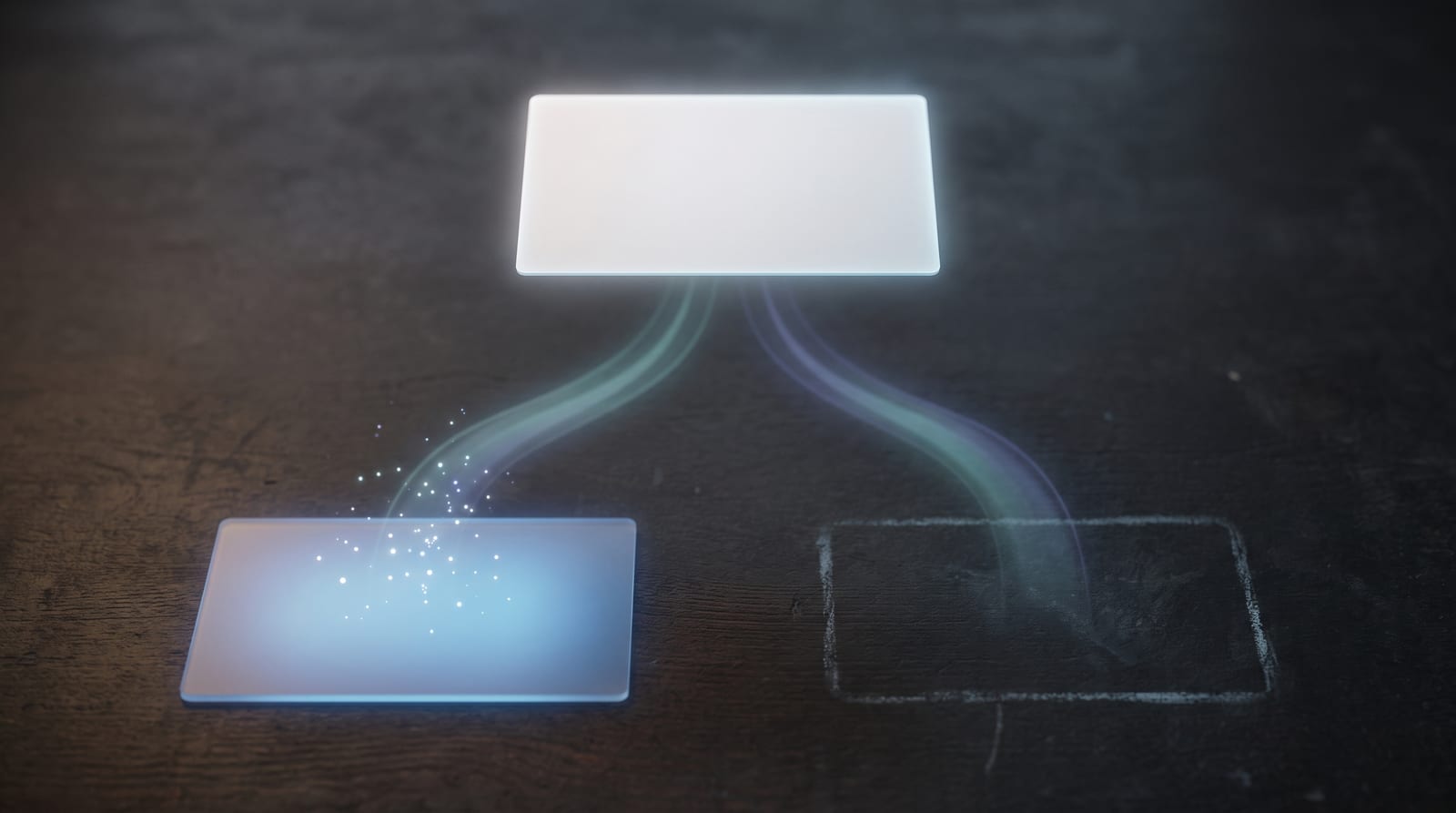 Two diverging glowing paths from a search result, one into an AI answer panel absorbing clicks, one into an empty slot
