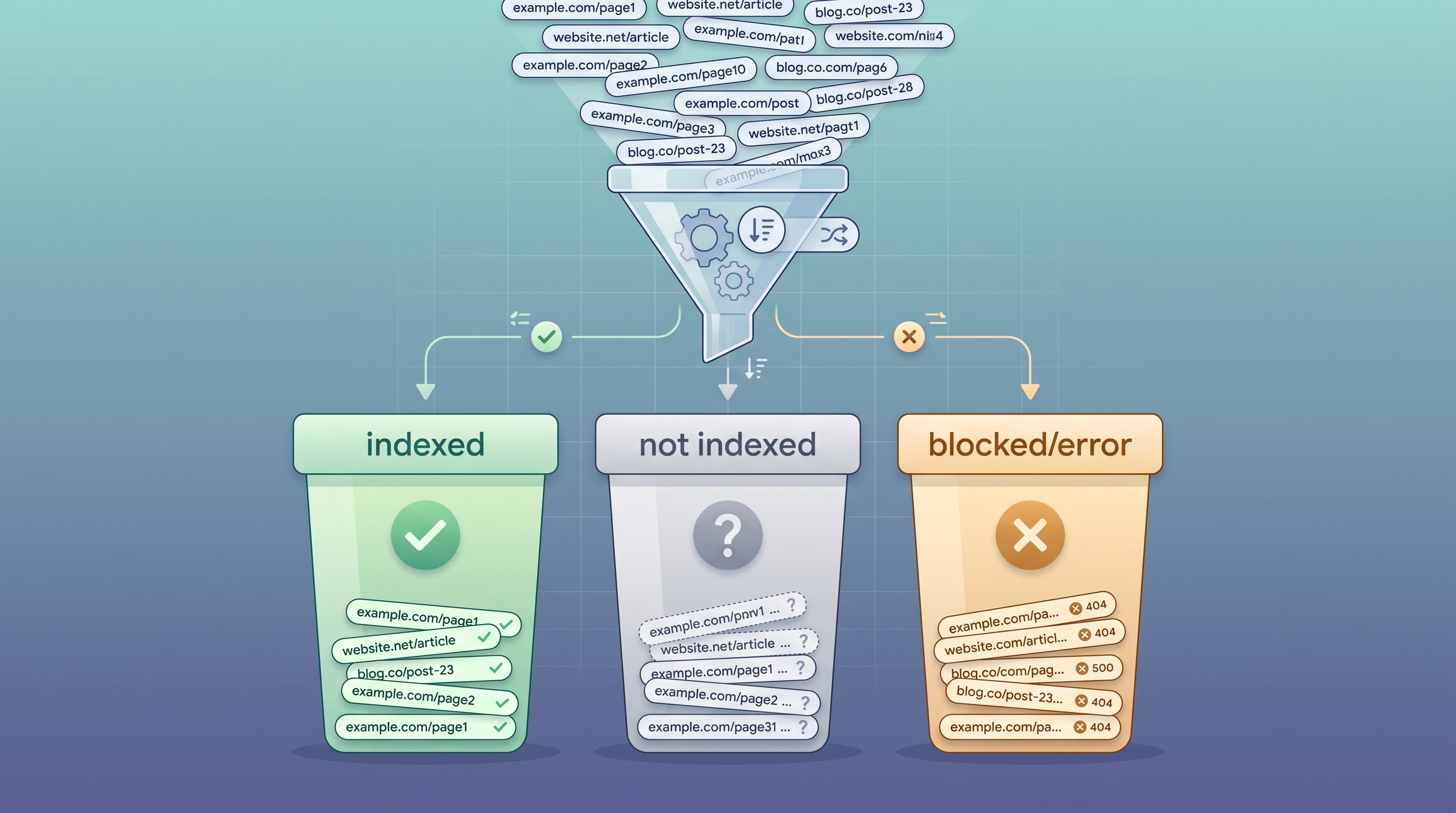 Many URLs sorted in bulk into indexed, not indexed, and blocked buckets
