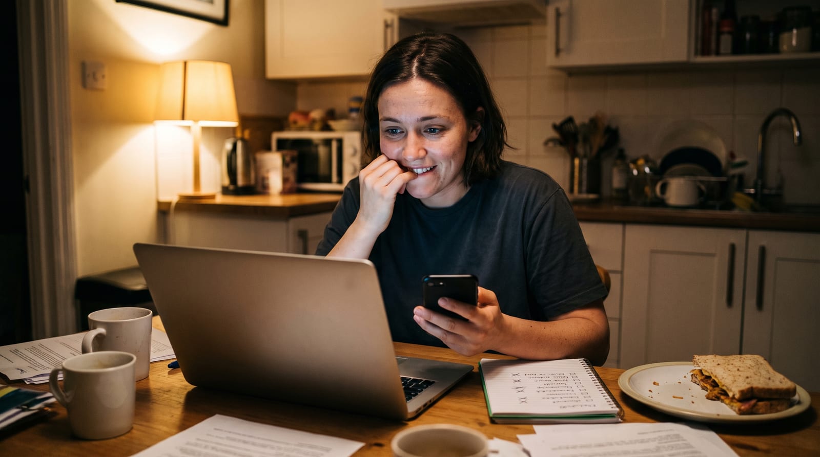 Someone at a kitchen table at night with a glowing laptop, phone, and a launch checklist notebook