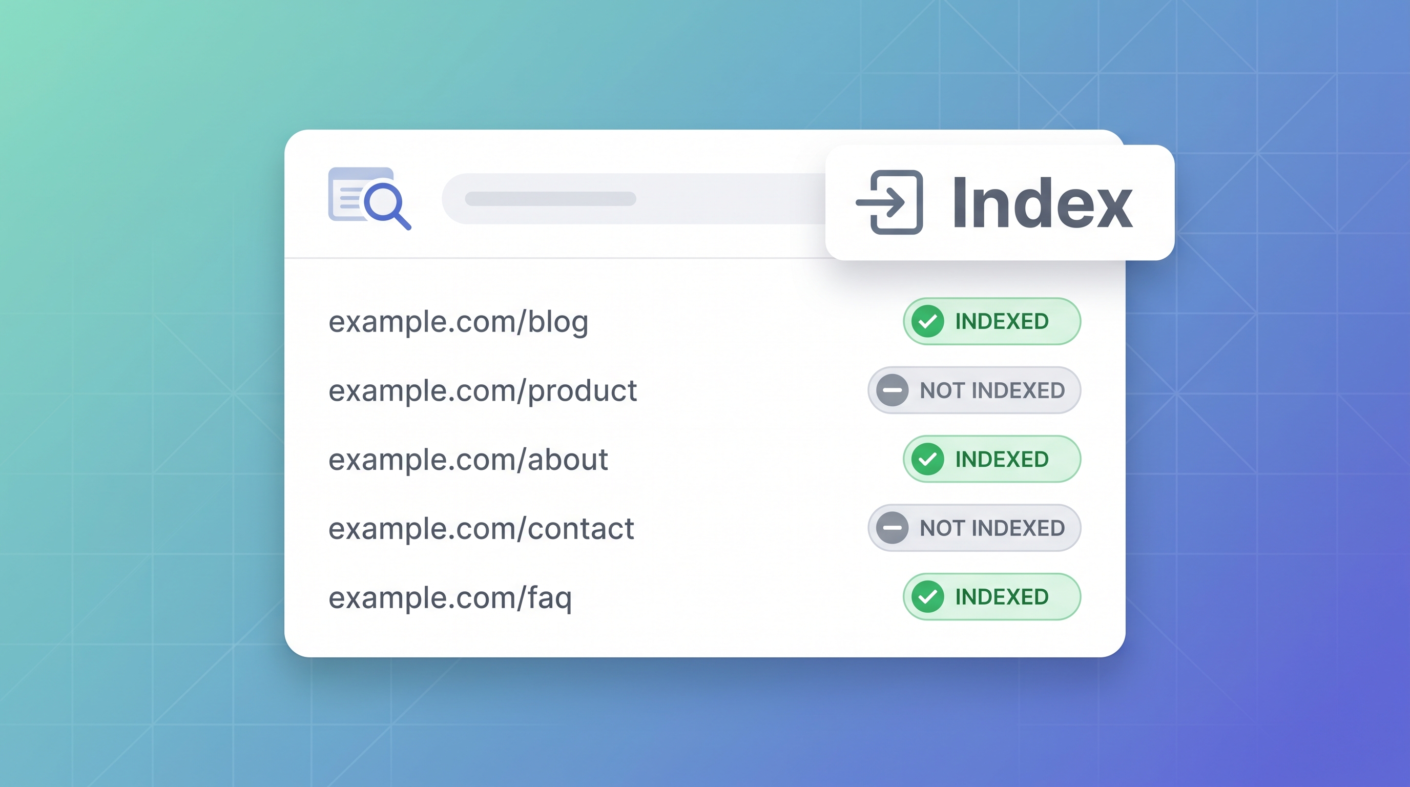 Google index checker showing a list of URLs with indexed and not-indexed status