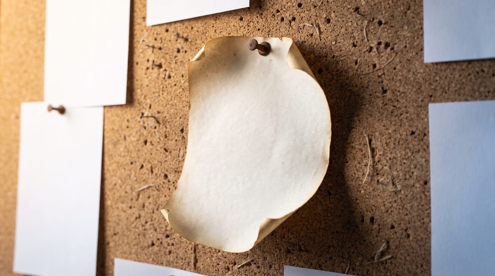 A single sheet of paper pinned to a corkboard, curling and fading at the edges, newer crisp sheets around it