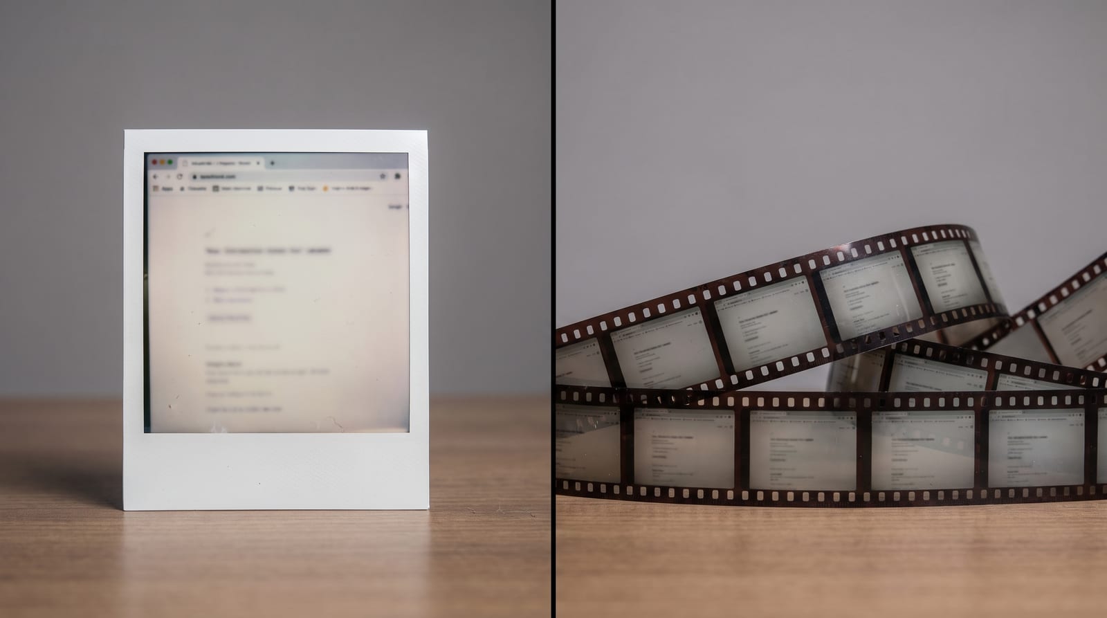Split still life: an instant-camera photo of a web page on the left, a strip of film frames of the same page on the right