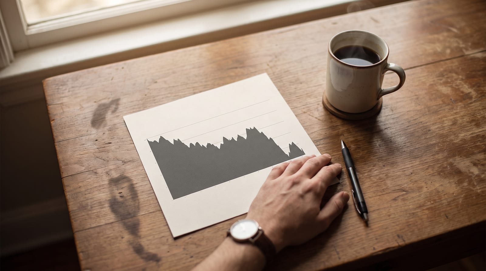 A calm hand resting beside a printed line chart that dips sharply, on a plain desk