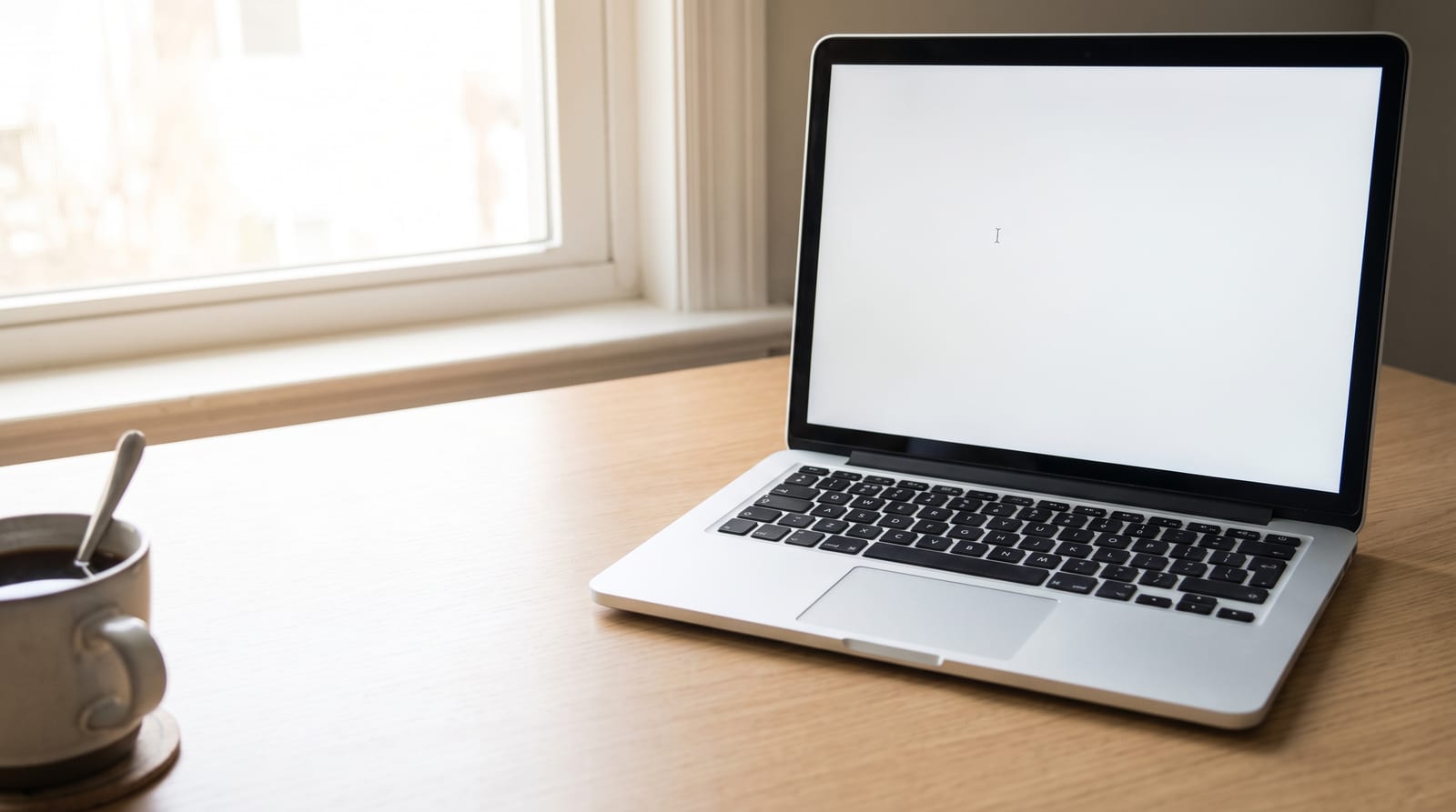 A laptop on a plain desk showing an empty search results area, with a half-drunk coffee at the edge