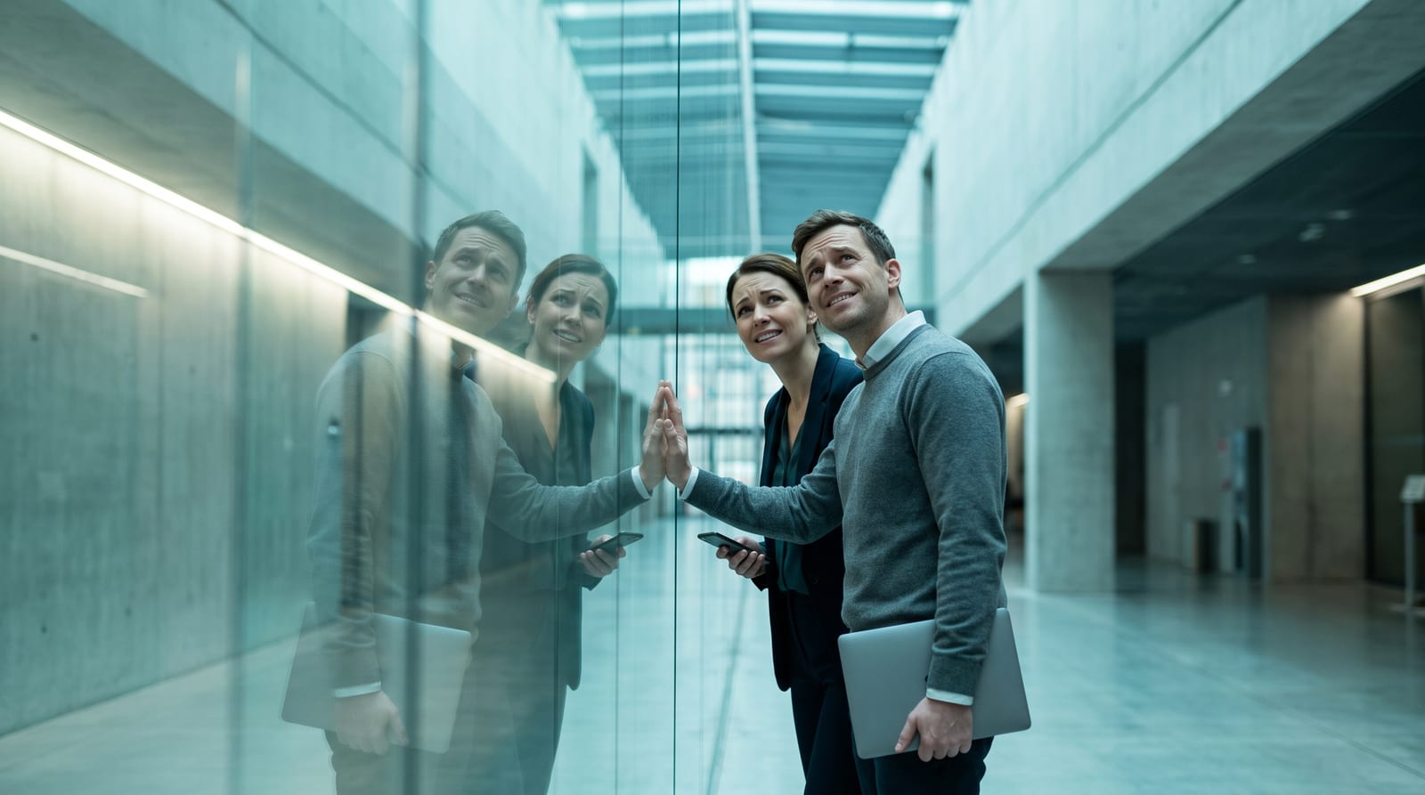 Two people pressing their hands against the same tall transparent glass wall, looking up at how high it is