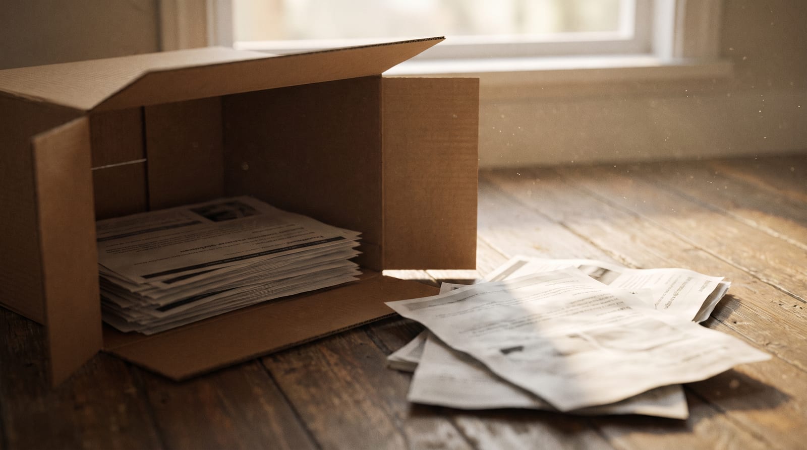 A half-unpacked moving box of printed web pages with a few pages fallen out onto the floor
