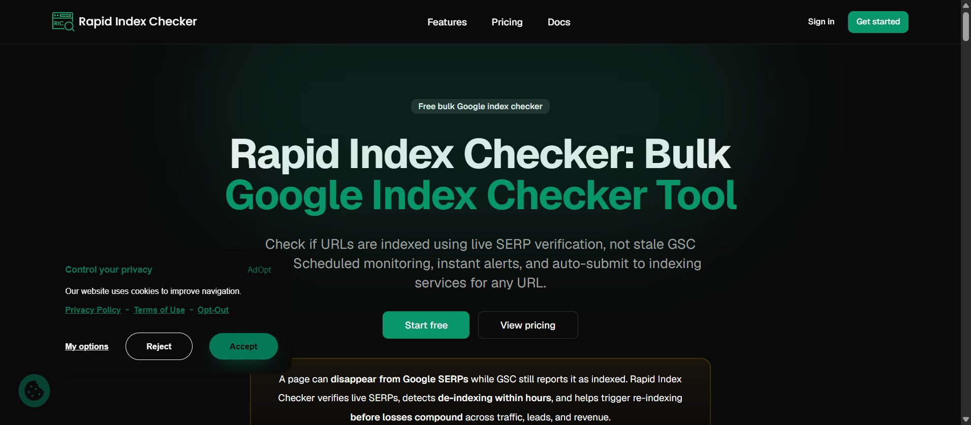 Rapid Index Checker homepage showing its bulk index checker and index monitoring features
