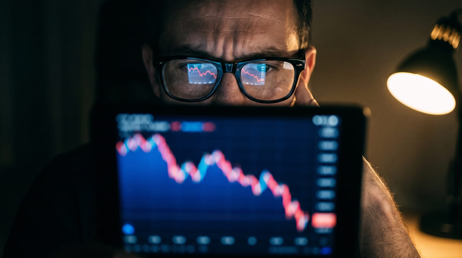 A person's worried reflection behind a screen showing an analytics line dropping off a cliff