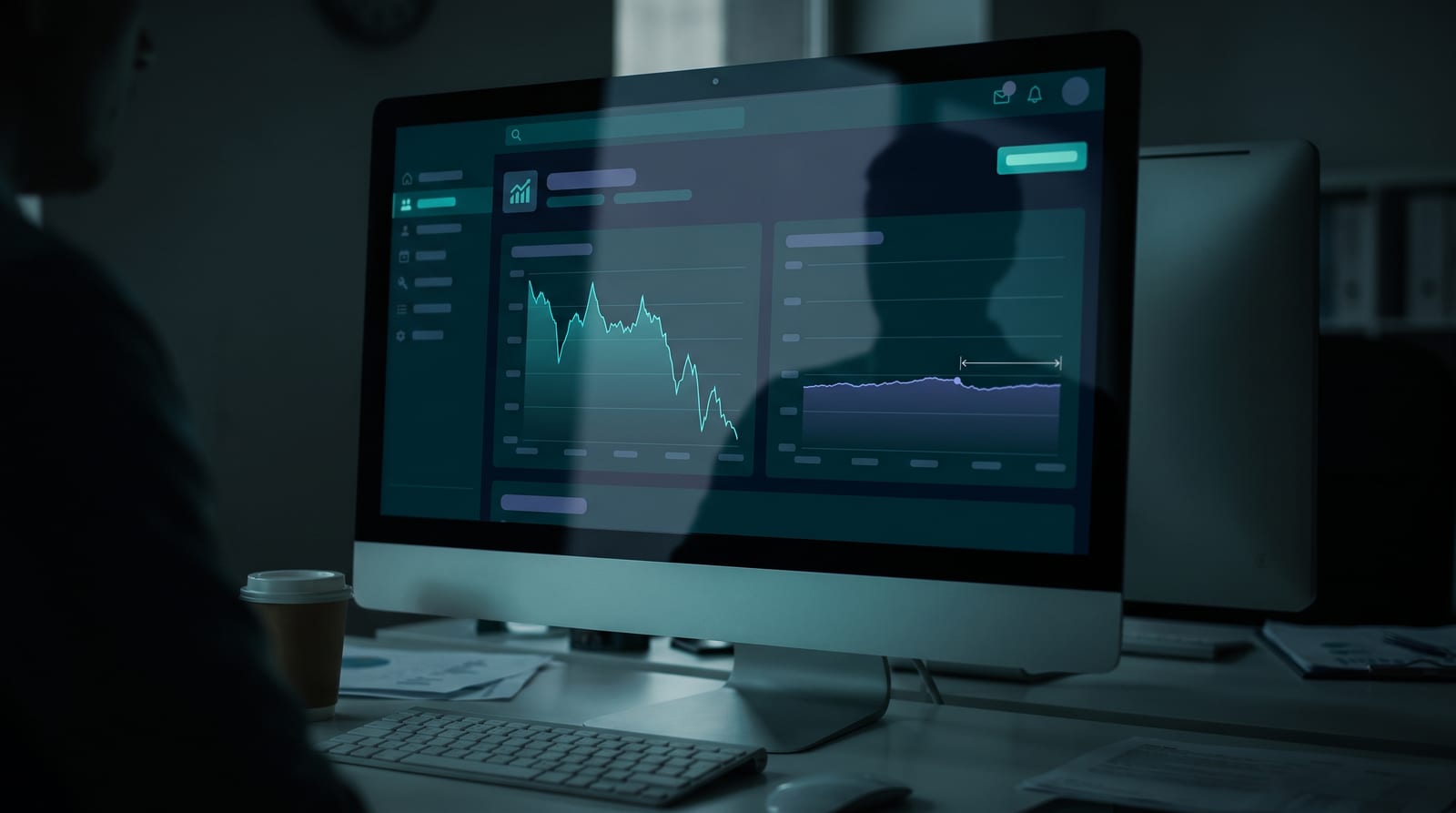 Two line charts on a dark dashboard, a steep real-time drop beside a flat lagging reporting line
